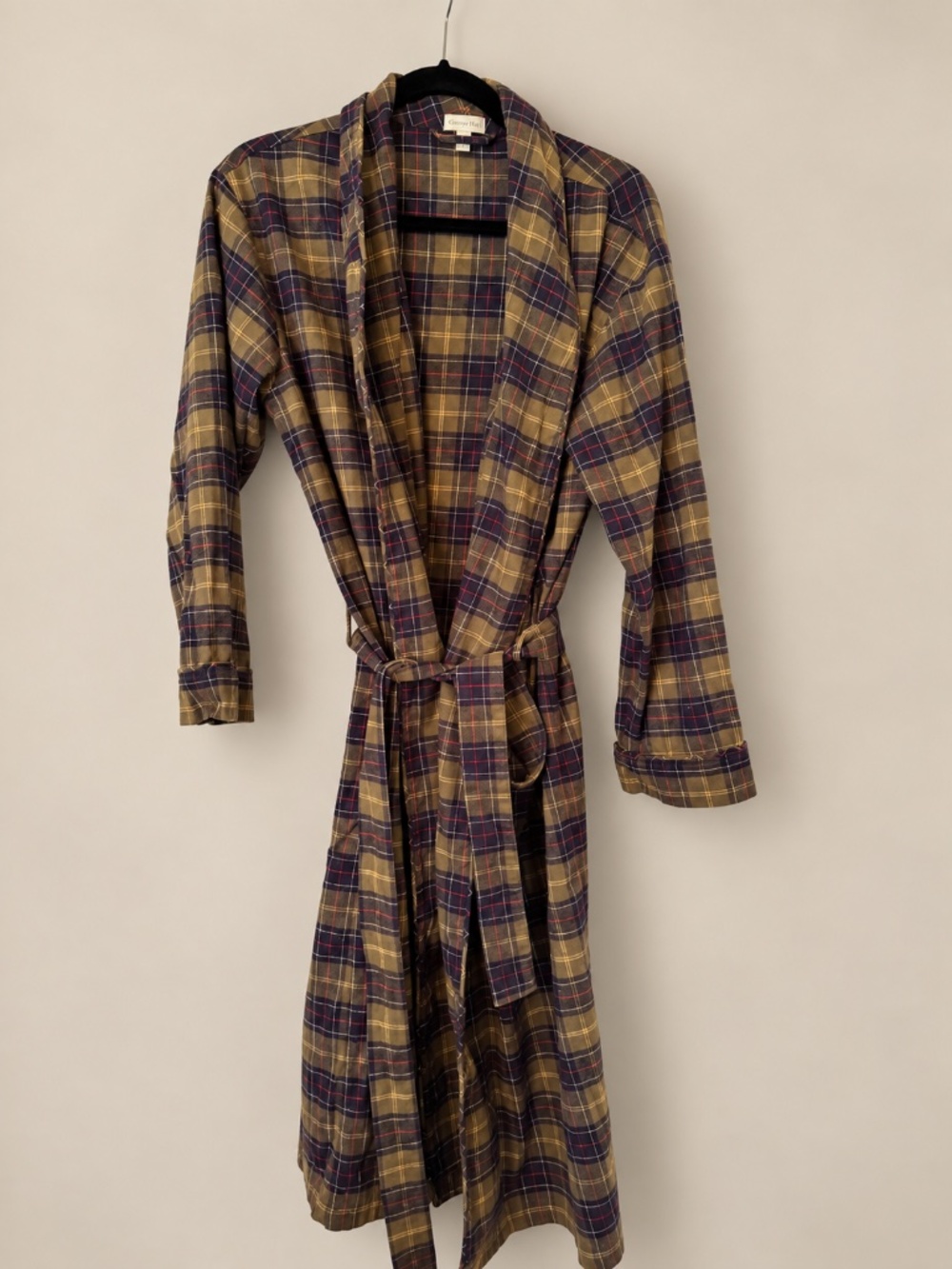 Mens Garnet Hill Organic Pima Cotton Flannel Robe size S Olive Green Navy